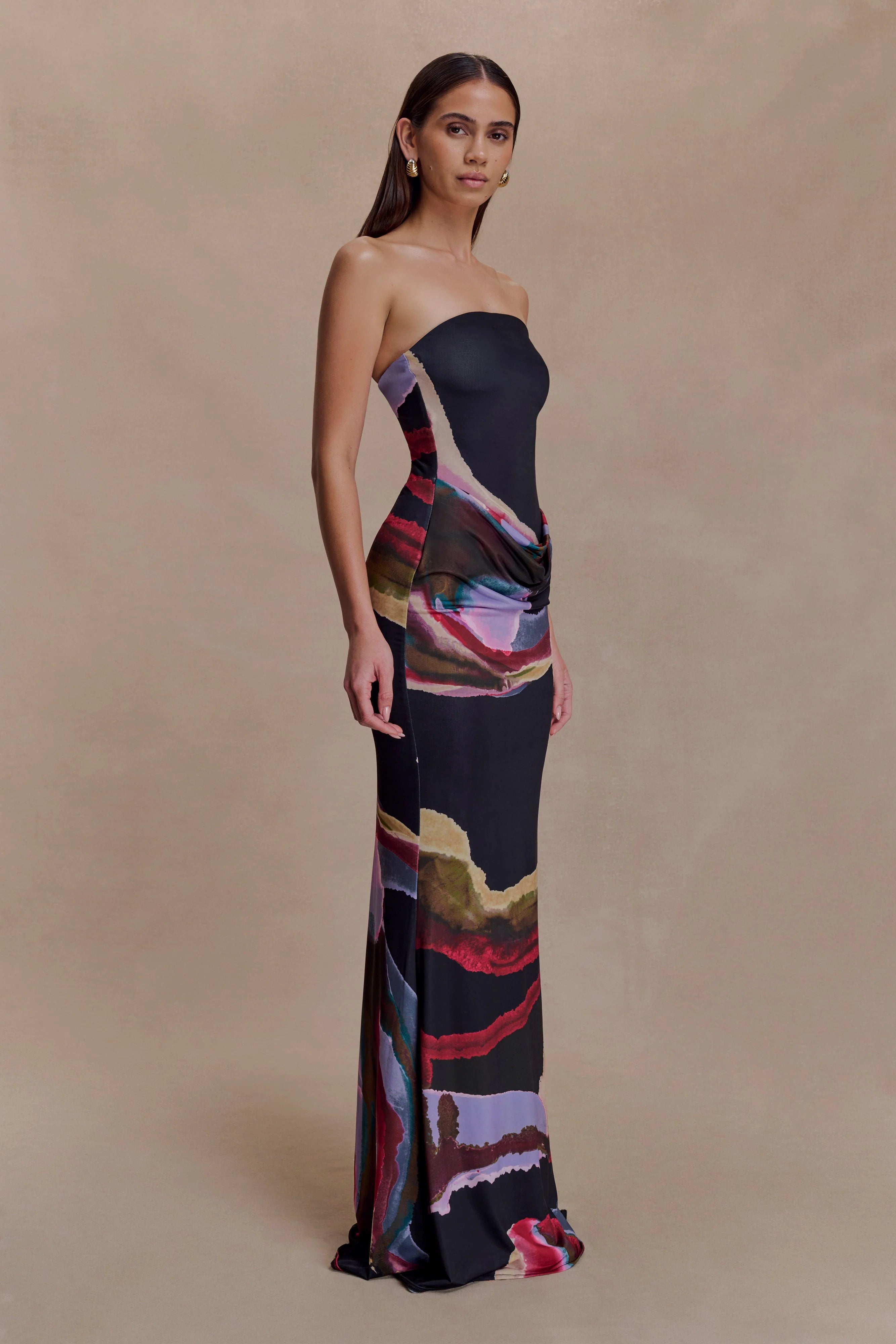 Madison Strapless Slinky Maxi Dress Multi Fluid Reverie Print