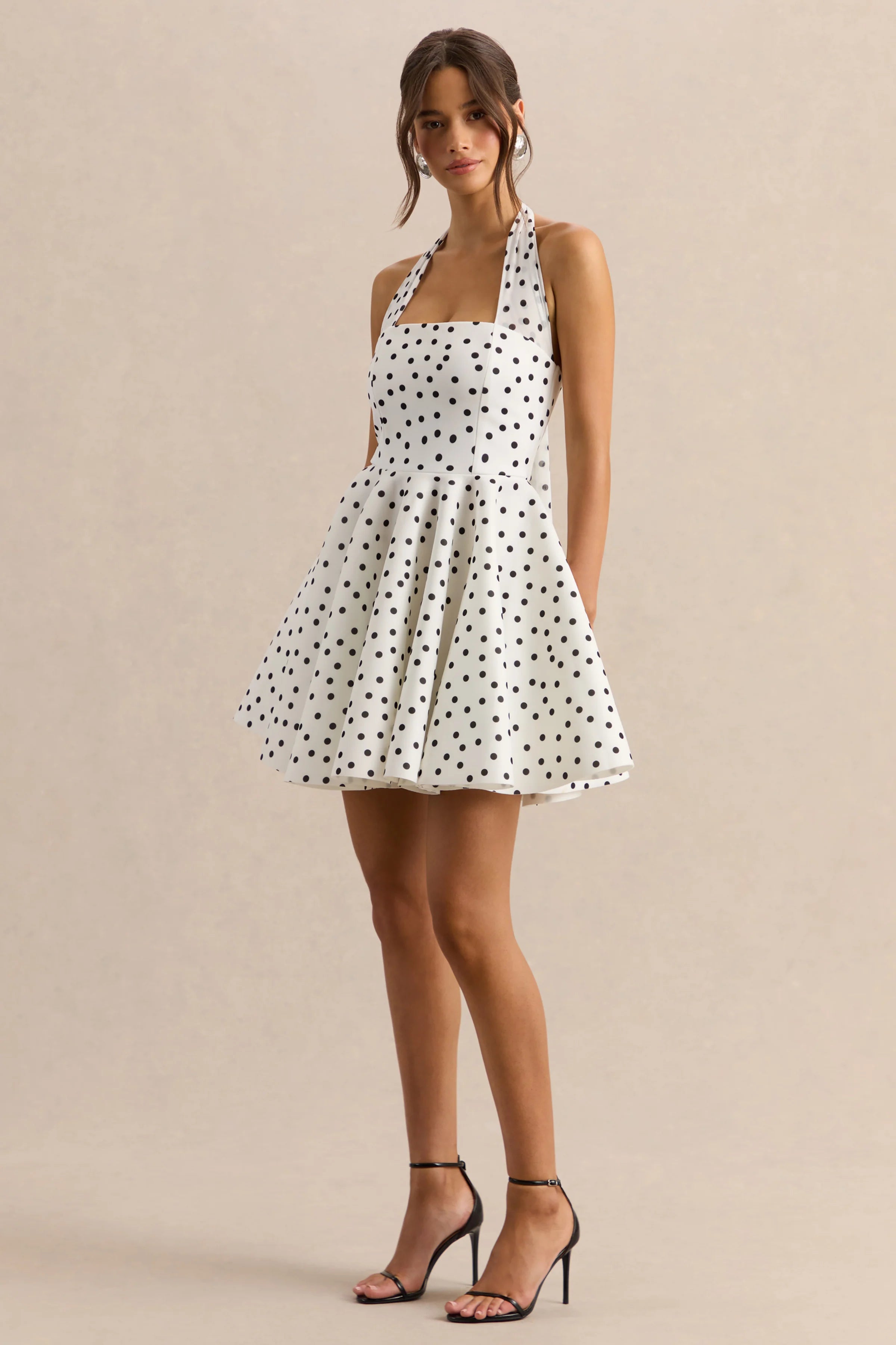 Peggy White Black Polka Dot Halter Neck Skater Mini Dress