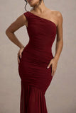 Bastia Burgundy Ruched Mesh Asymmetric Maxi Dress
