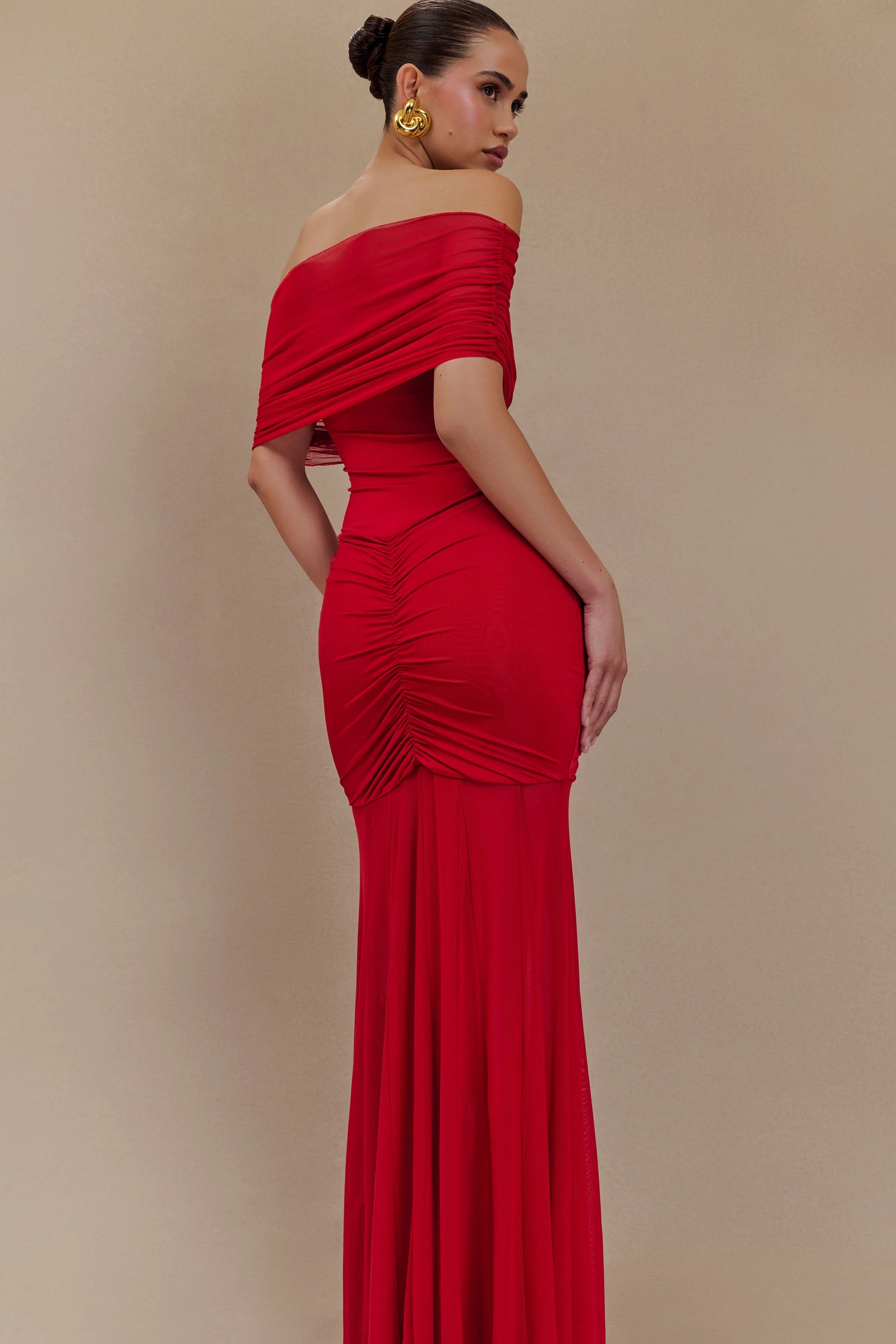 Caspian Slinky And Mesh Off Shoulder Maxi Dress Ruby
