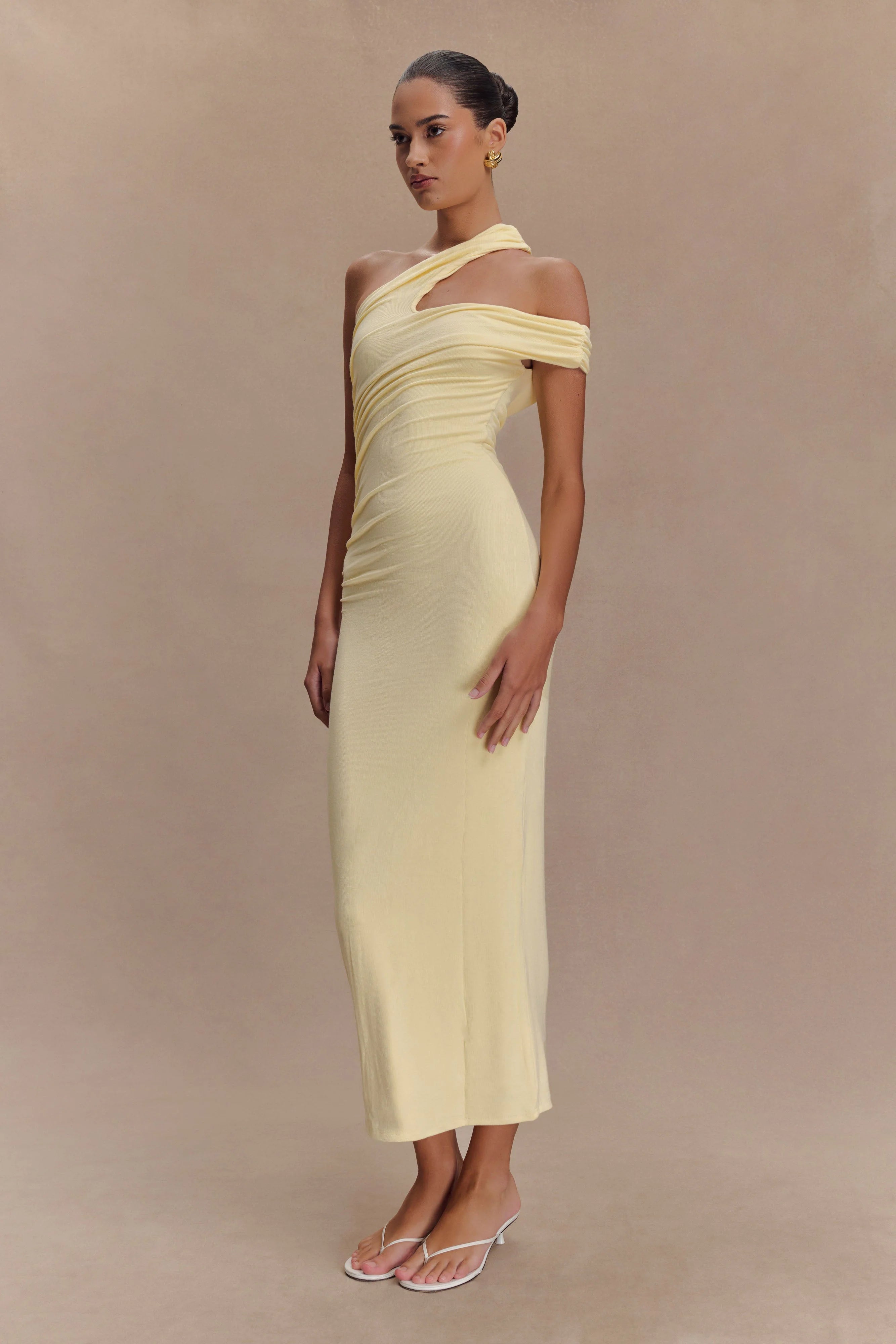 Anastasia One Shoulder Modal Midi Dress Pale Lemon