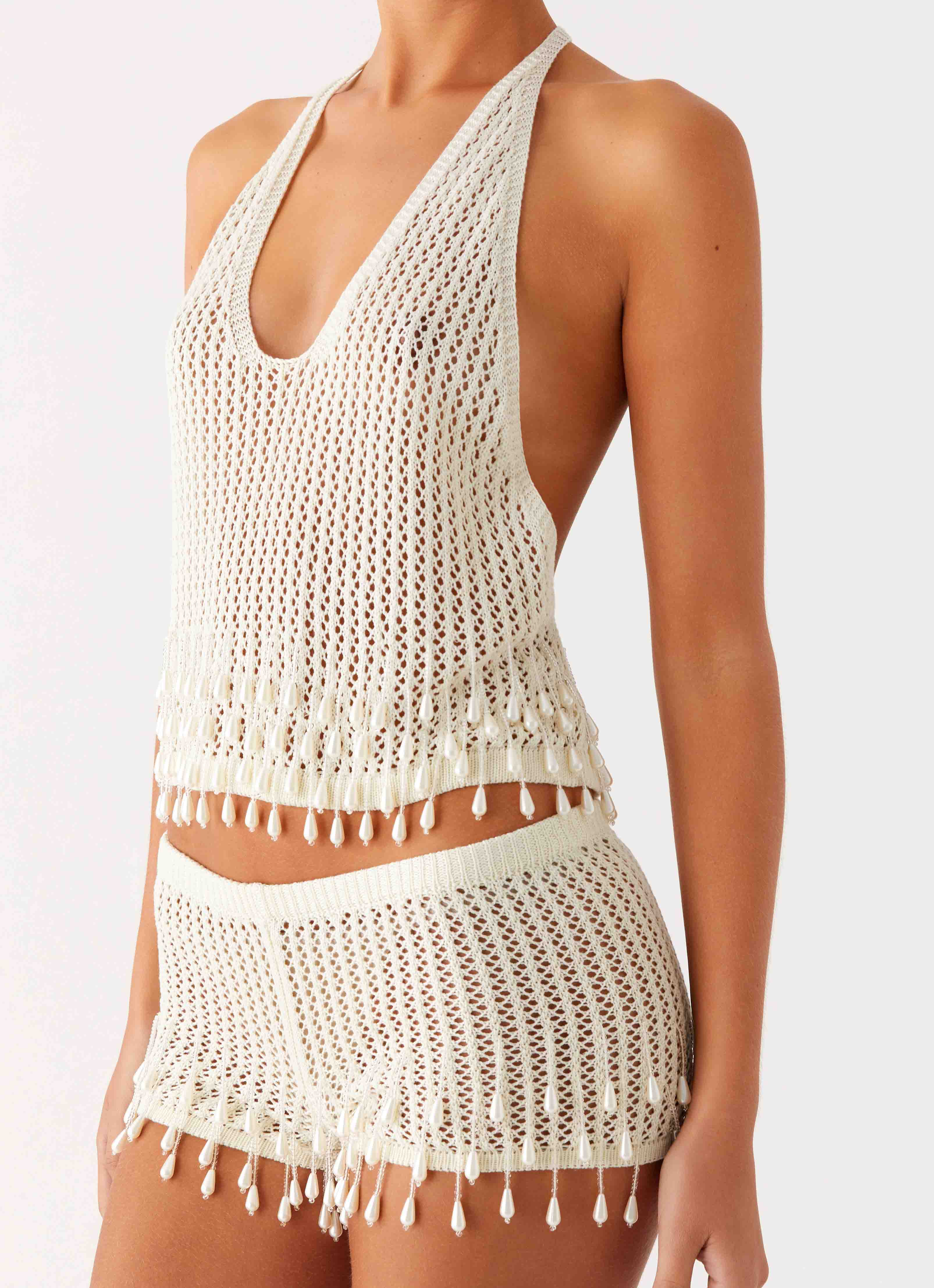 Pearl Shore Beaded Crochet Top Ivory