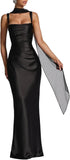 Women Wedding Guest Dress Satin Corset Top Elegant Maxi Dresses with Sheer Scarf Evening Gown
