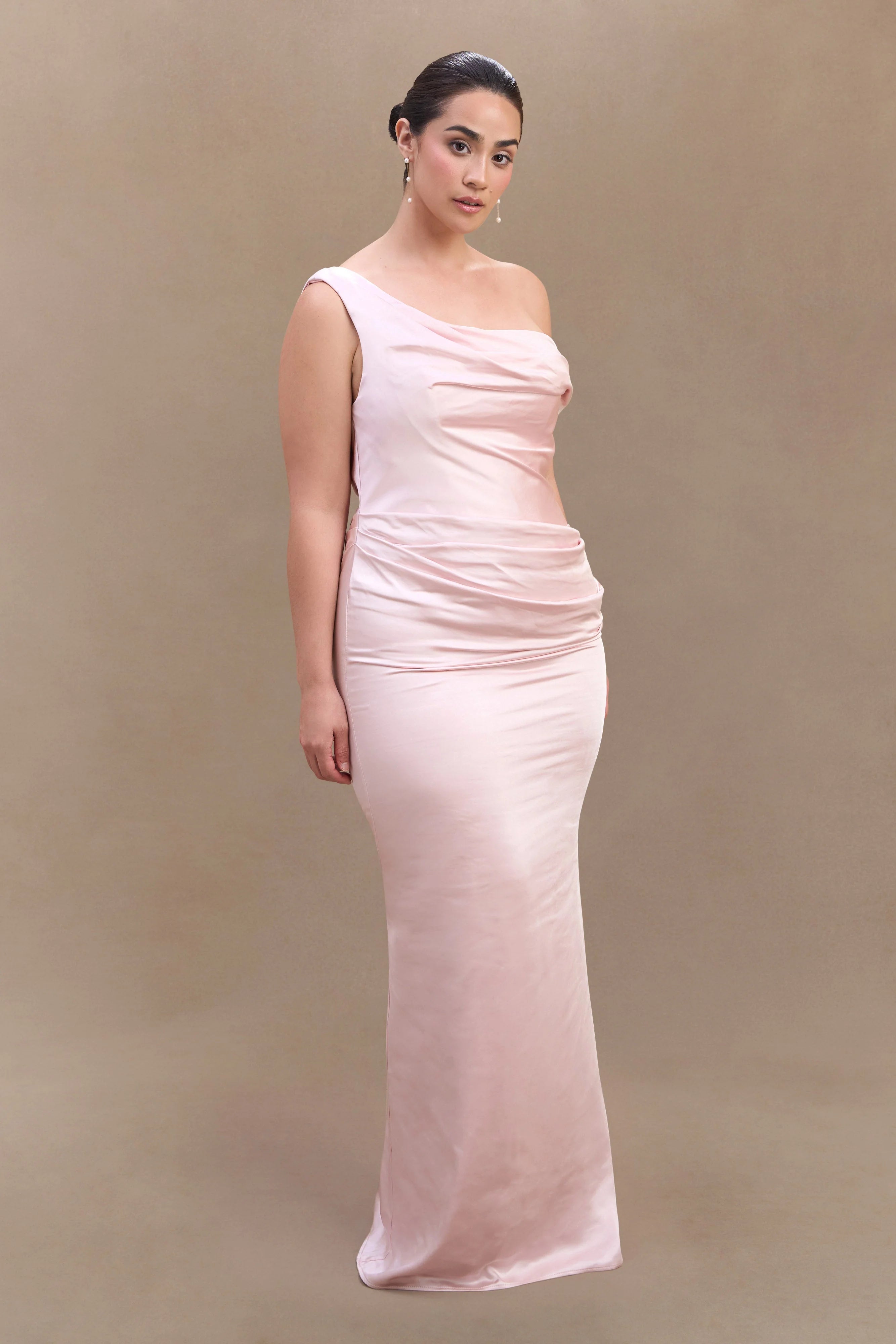 Dalia Off Shoulder Satin Maxi Dress Soft Pink