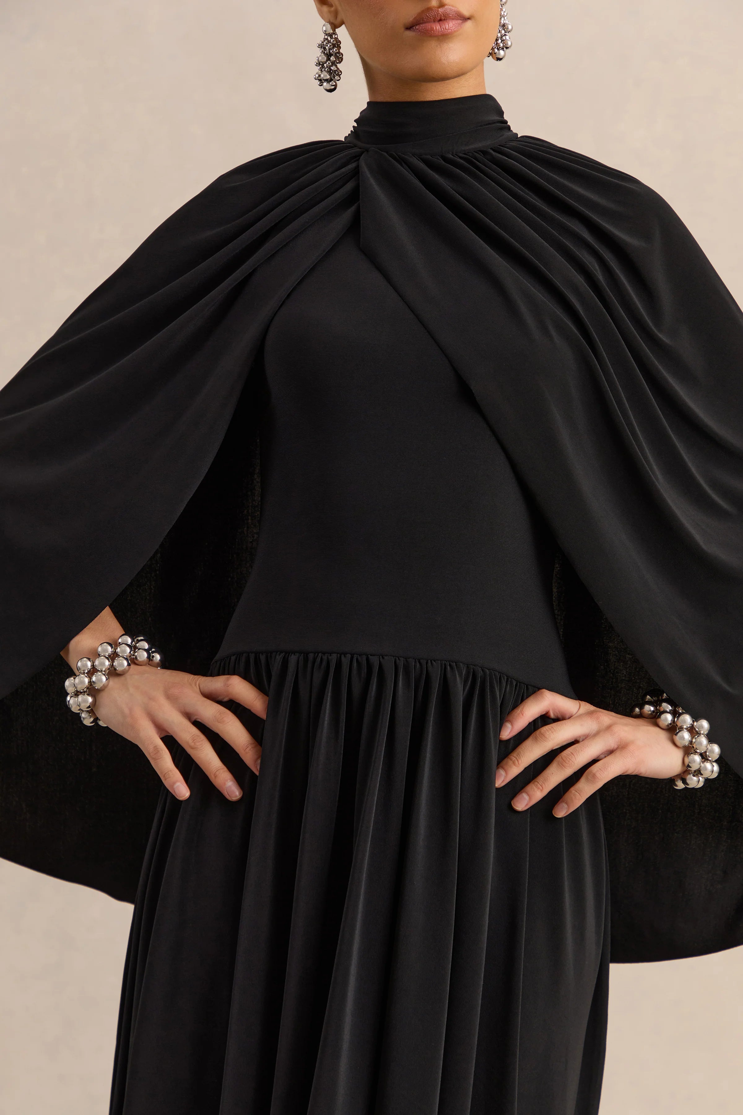 Honora Black High Neck Midi Dress With Cape Sleeves