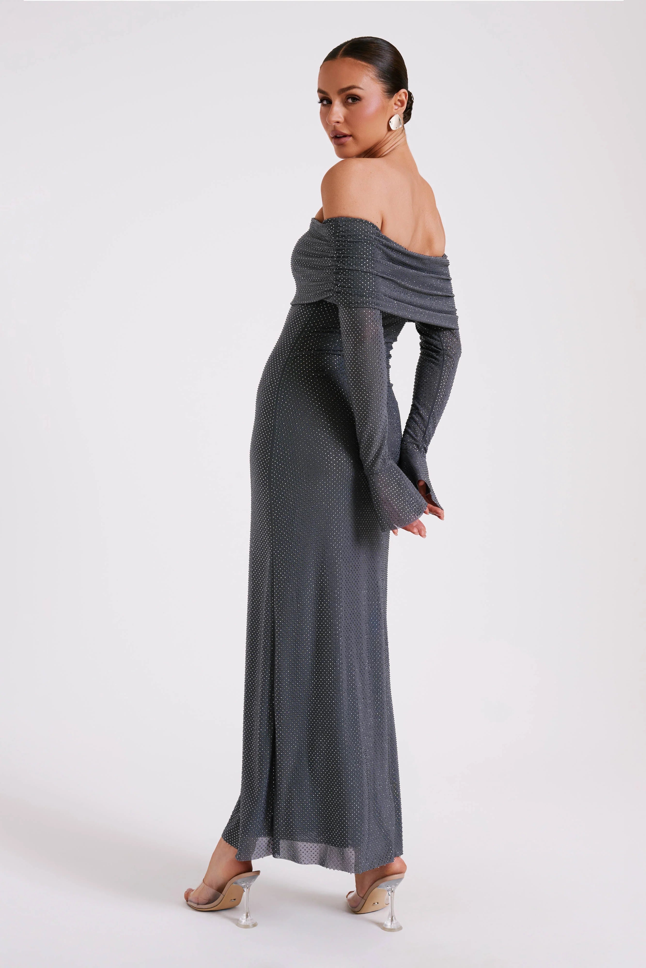 Marcel Off Shoulder Diamante Maxi Dress Gunmetal