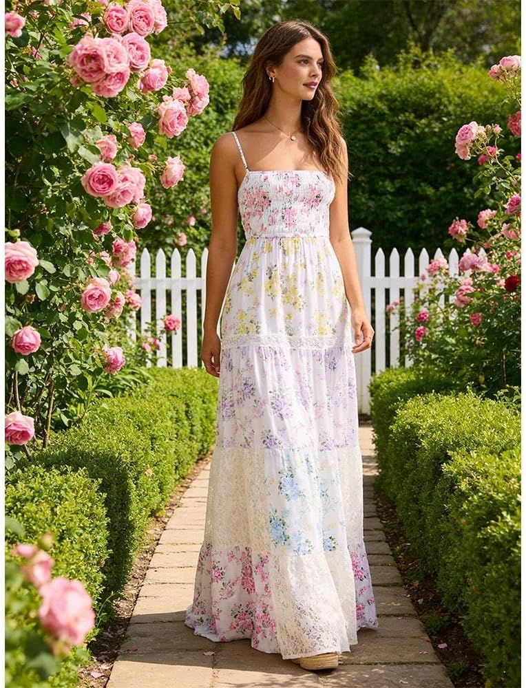 Women Floral Maxi Dress Smocked Spaghetti Strap Lace Patchwork Tiered Boho Long Dress Vacation Garden Party