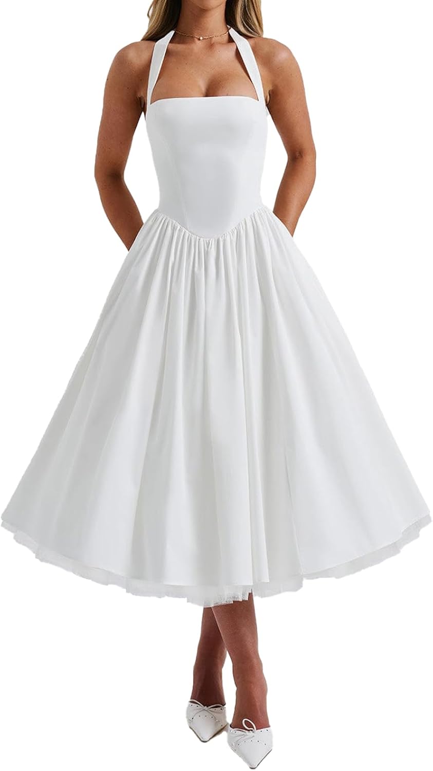 Women Halter Midi Dress Corset Back Layered Tulle Skirt A Line Formal Dresses Wedding Guest Bridal Shower