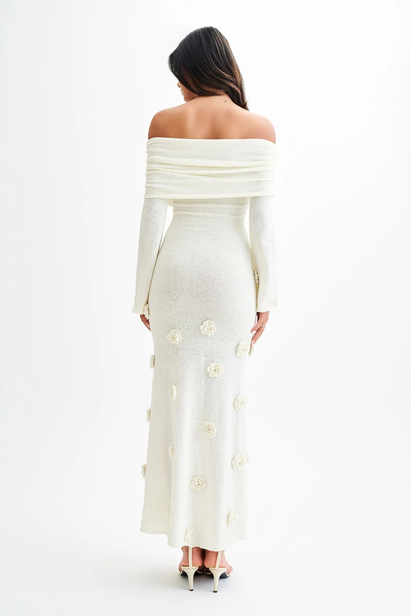 Kiki Off Shoulder Knit Rose Maxi Dress Ivory