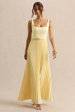 Danika Lemon Square Neck Belted Maxi Dress With Pleated Skirt