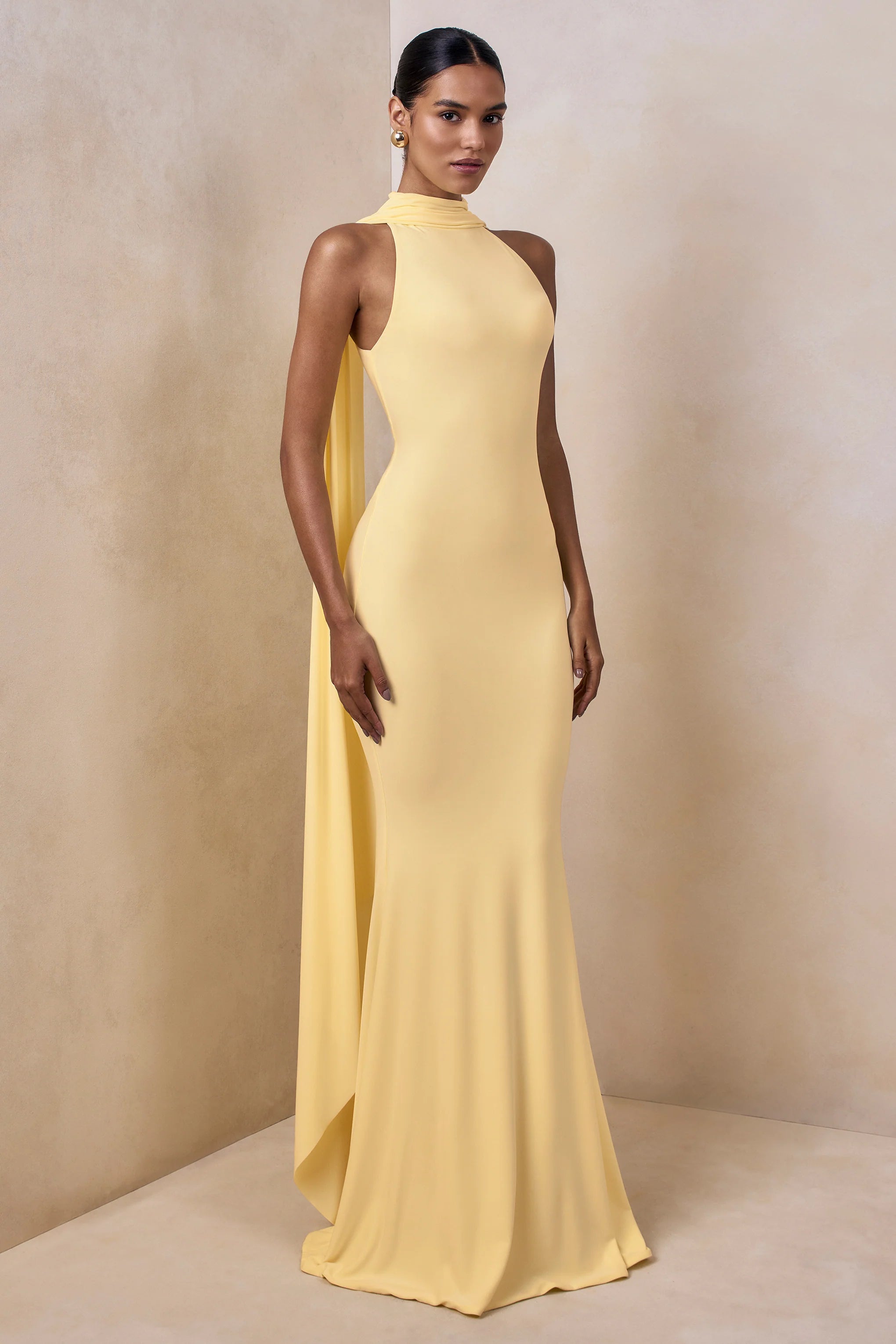 Cordy Lemon High Neck Maxi Dress With Cape
