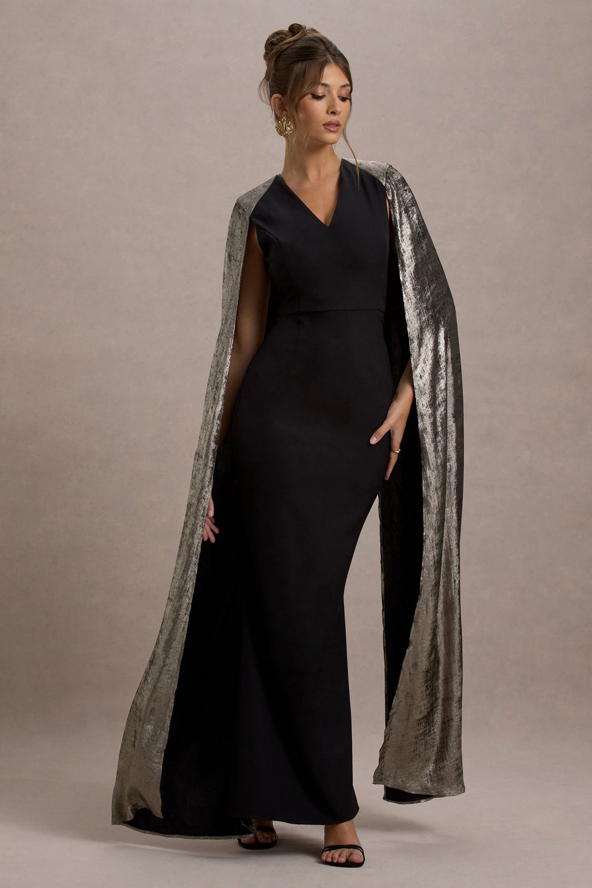 Ilenia Black V Neck Maxi Dress With Metallic Cape