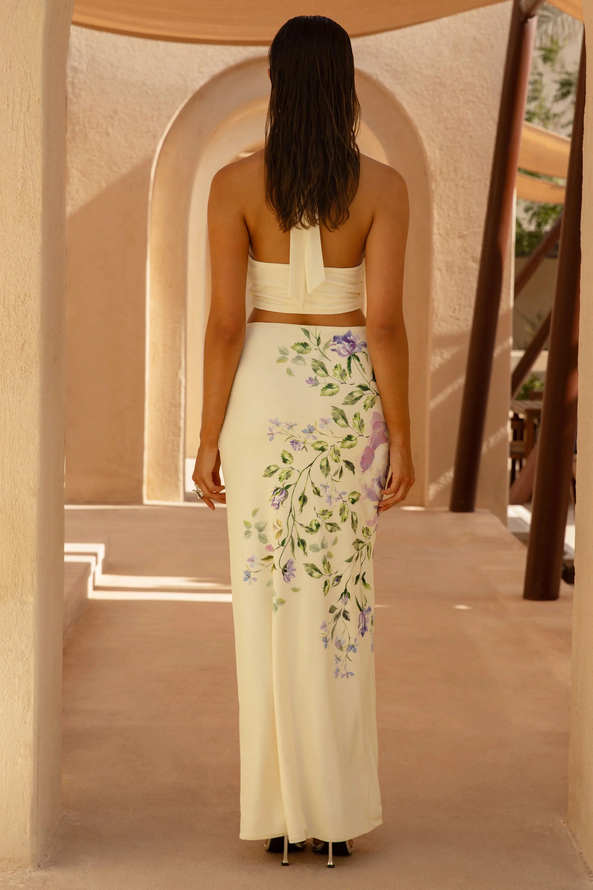Stassi Lilac Floral Placement Print Ruched Split Maxi Skirt