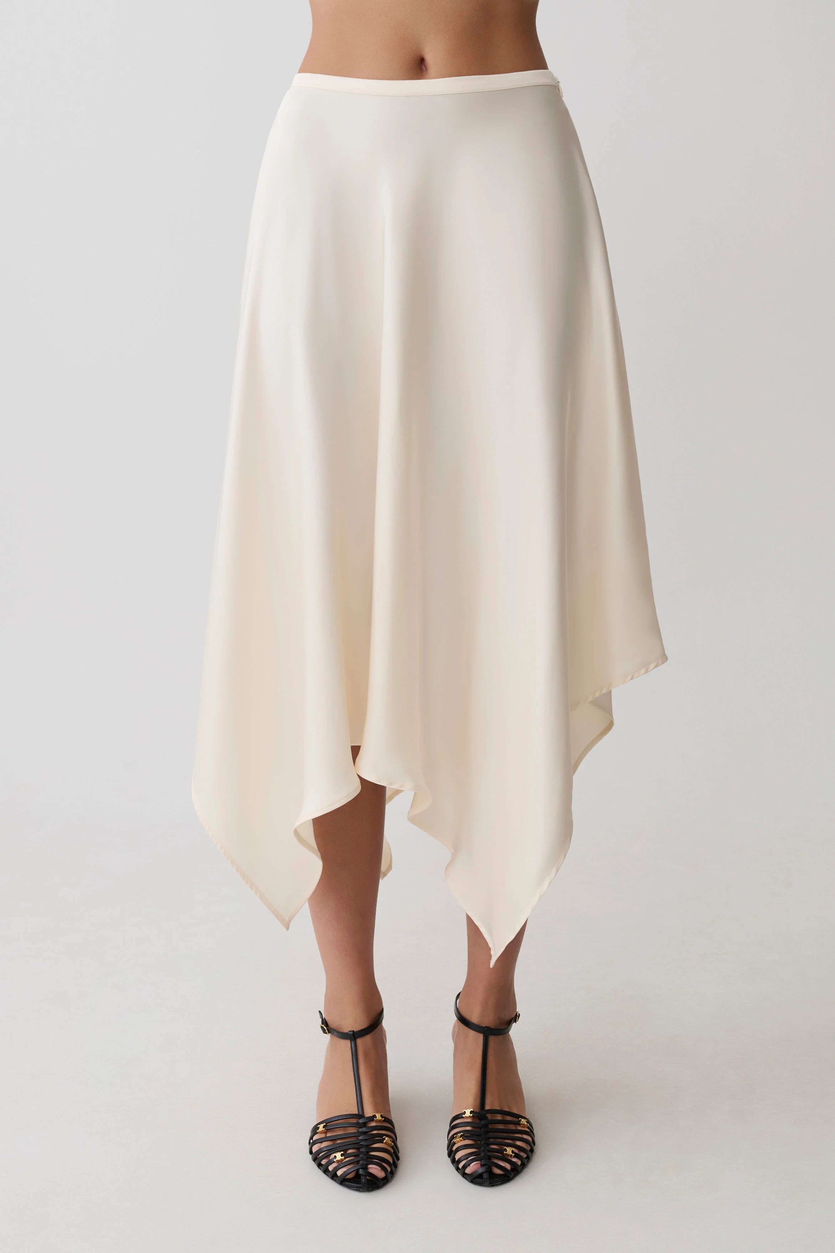 Coralie Asymmetric Satin Midi Skirt Ivory