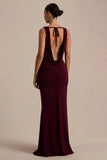 Mallie Burgundy Cowl Neck Maxi Dress With Open Back And Gathered Detailing