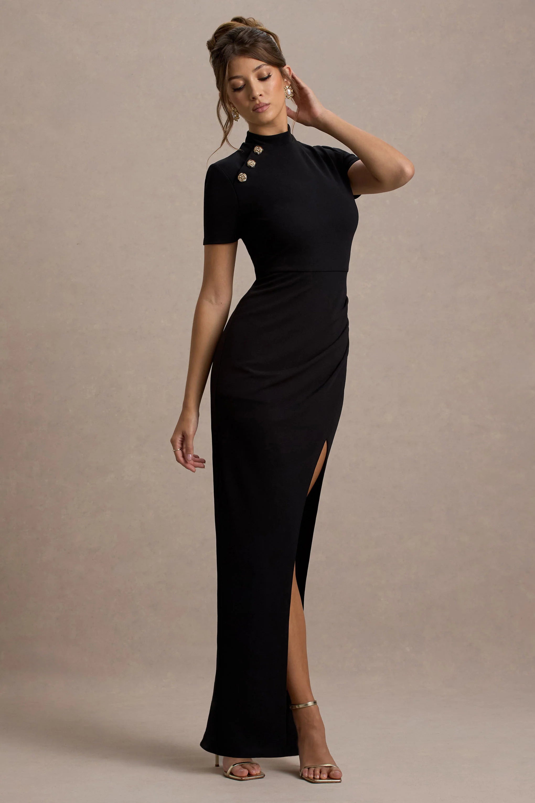 Claudetta Black High Neck Short Sleeve Split Maxi Dress