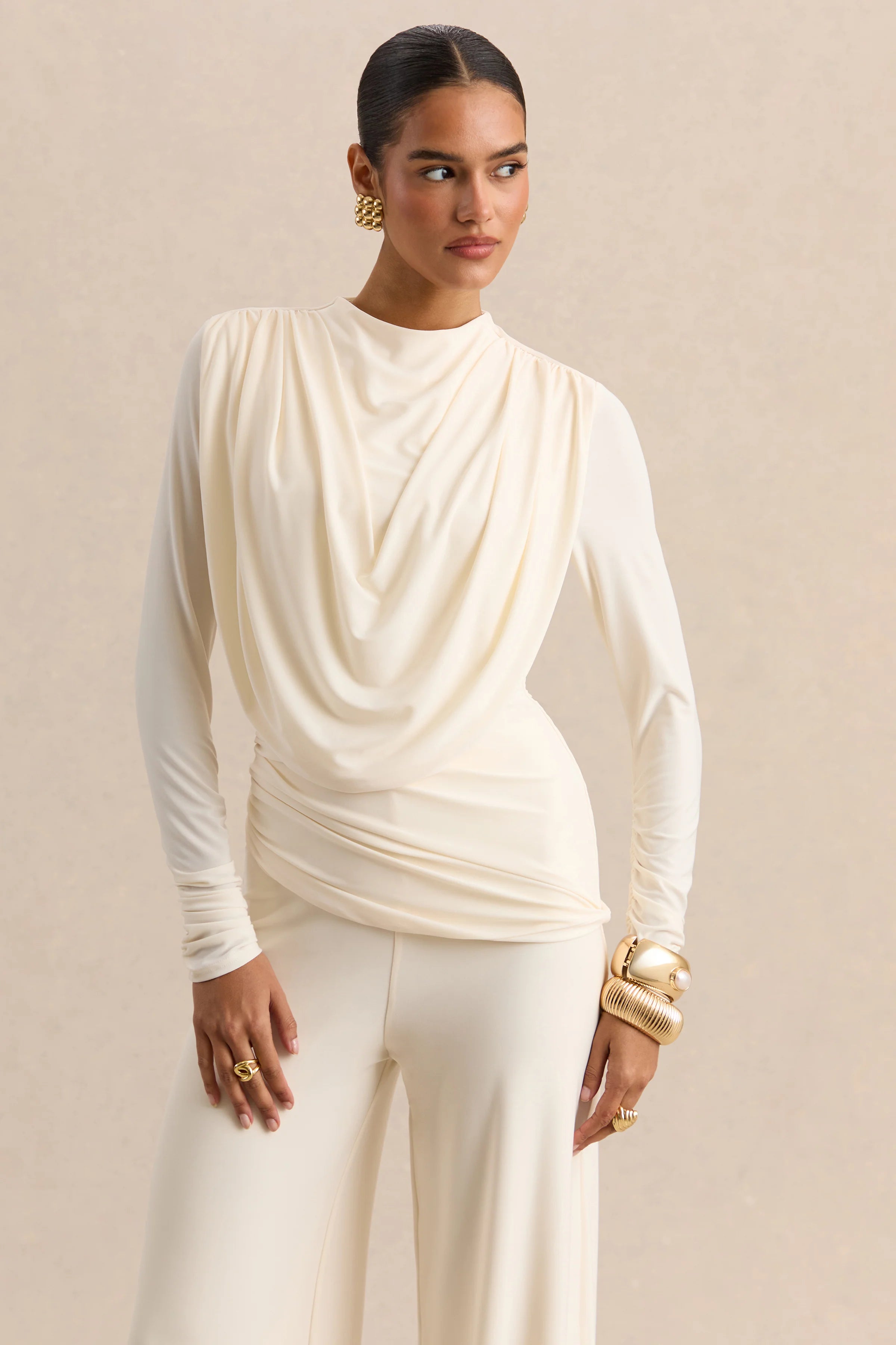 Raniella White High Neck Top With Gathered And Draped Detailing