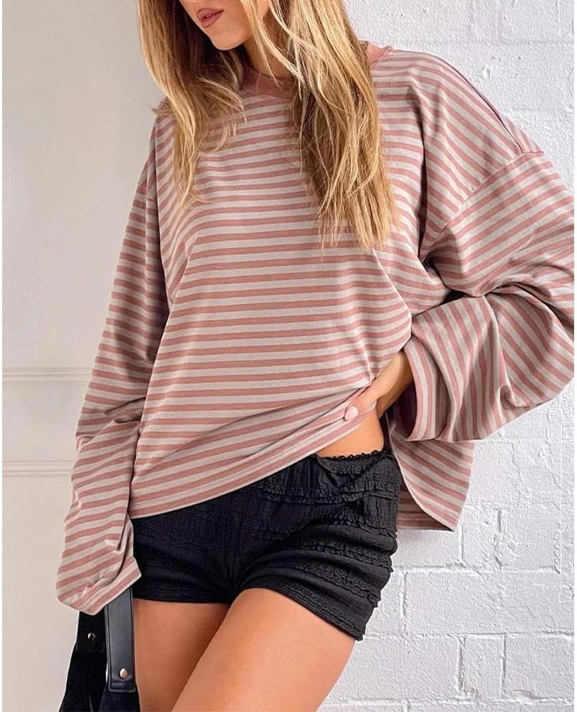 Women Striped Long Sleeve Shirt Crewneck Cropped Pullover Top Fall Winter Vintage Sweatshirt Streetwear