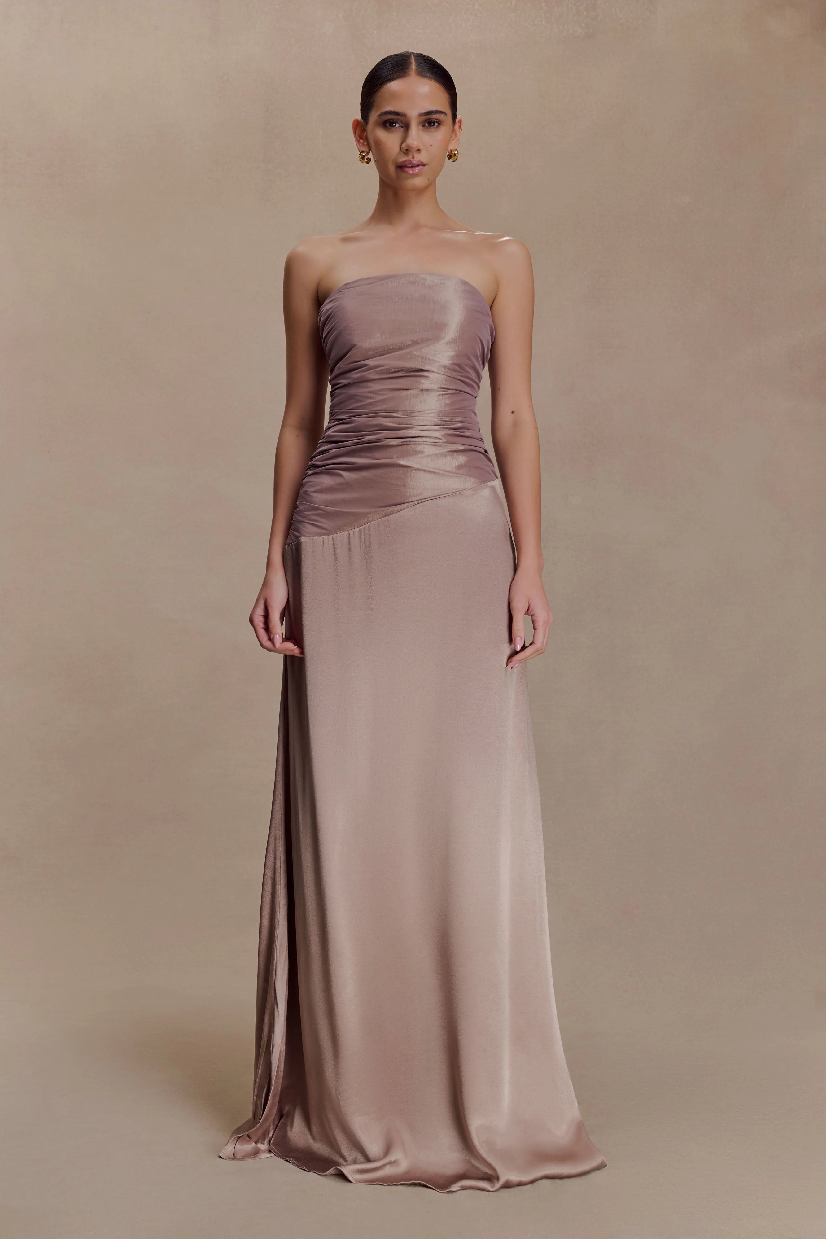 Serena Strapless Taffeta Maxi Dress Bronze Taupe