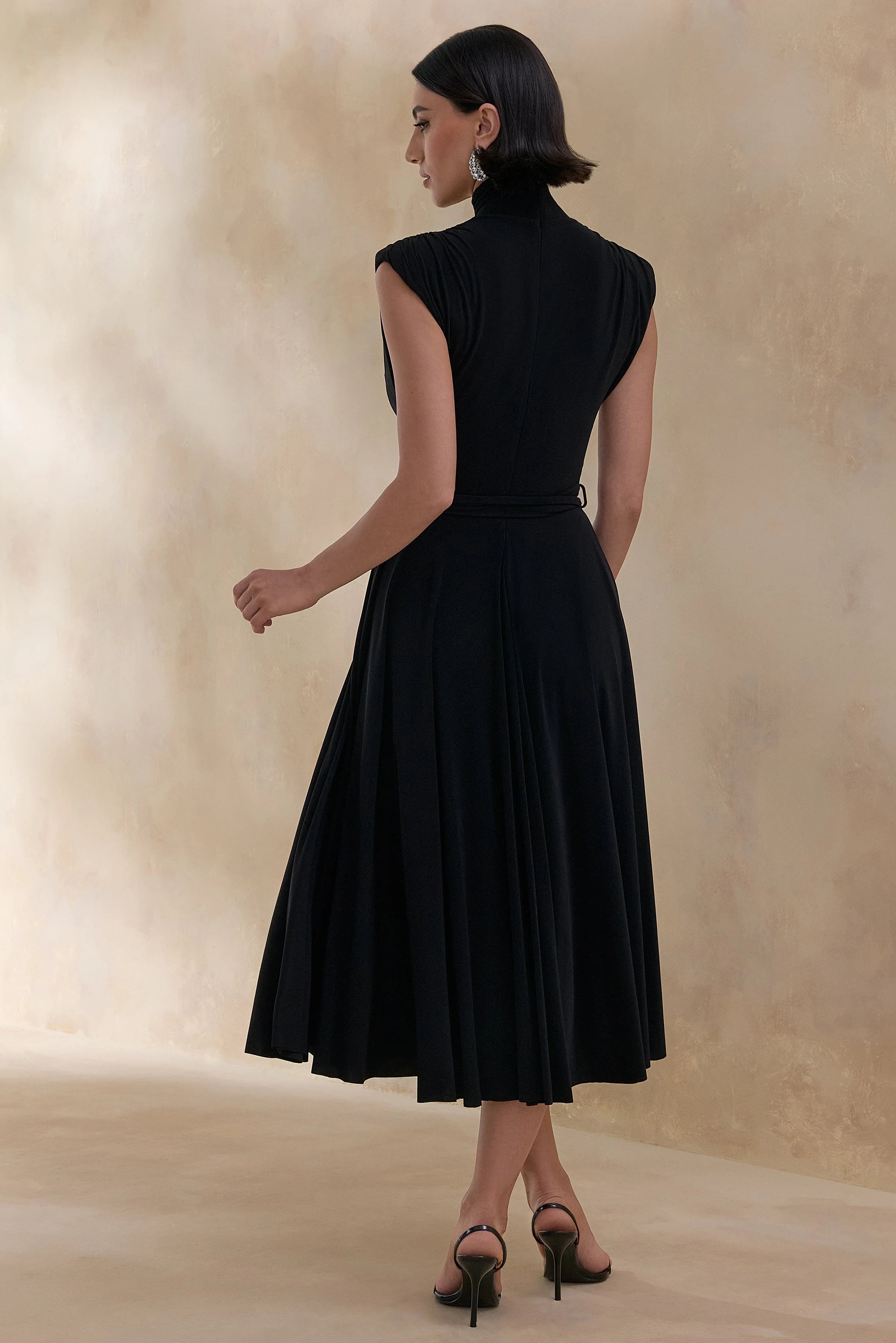 Roselena Black High Neck Midi Dress