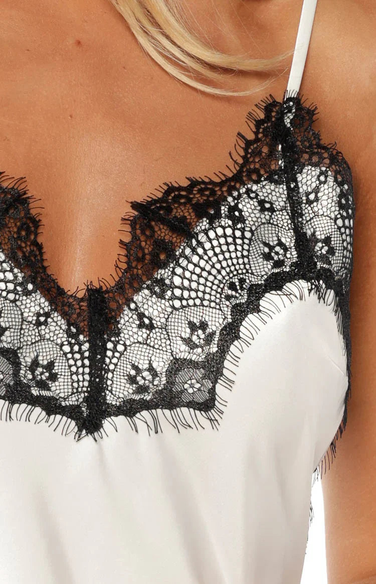 Ziva White Satin Lace Trim Asymmetrical Top