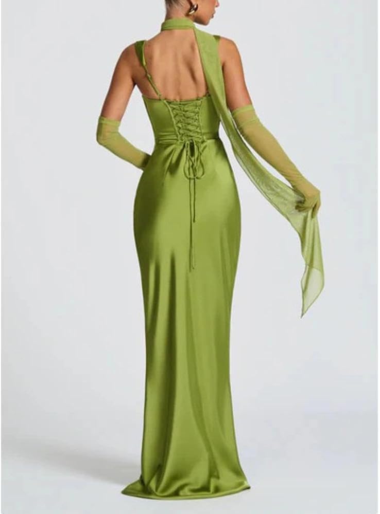 Women Wedding Guest Dress Satin Corset Top Elegant Maxi Dresses with Sheer Scarf Evening Gown