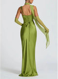 Women Wedding Guest Dress Satin Corset Top Elegant Maxi Dresses with Sheer Scarf Evening Gown