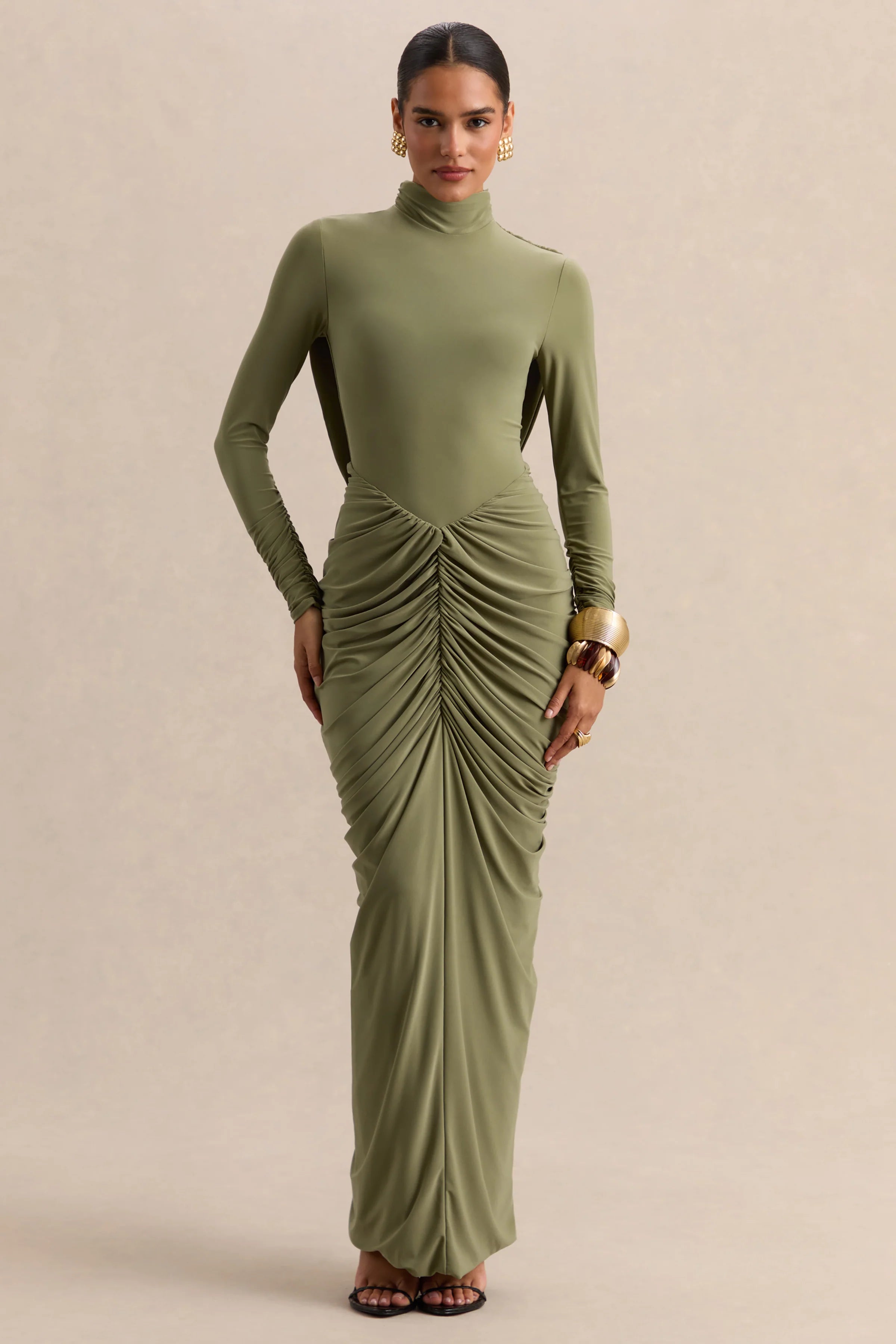 Harmona Olive High Neck Maxi Dress With Gathered And Draped Detailing
