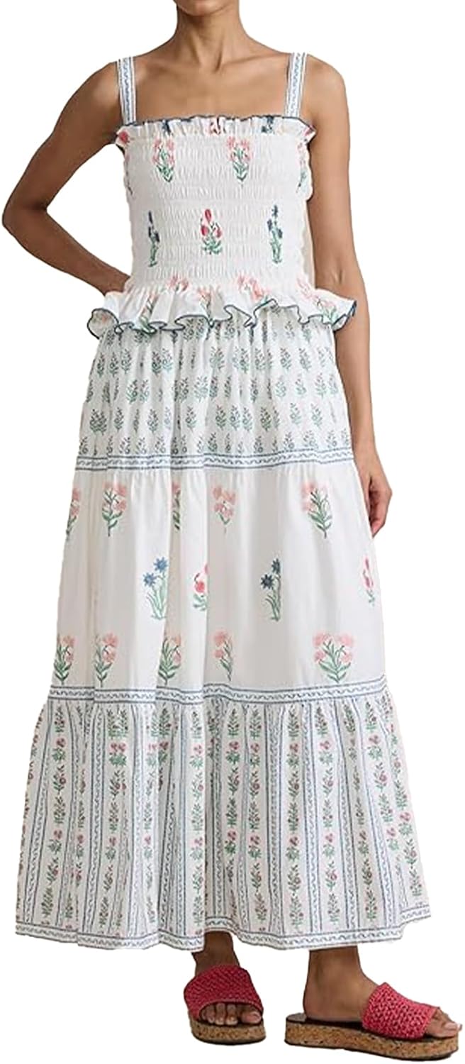 Women Floral Maxi Dress Sleeveless Smocked Ruffle Flowy Boho Sundress with Pockets Summer Vacation
