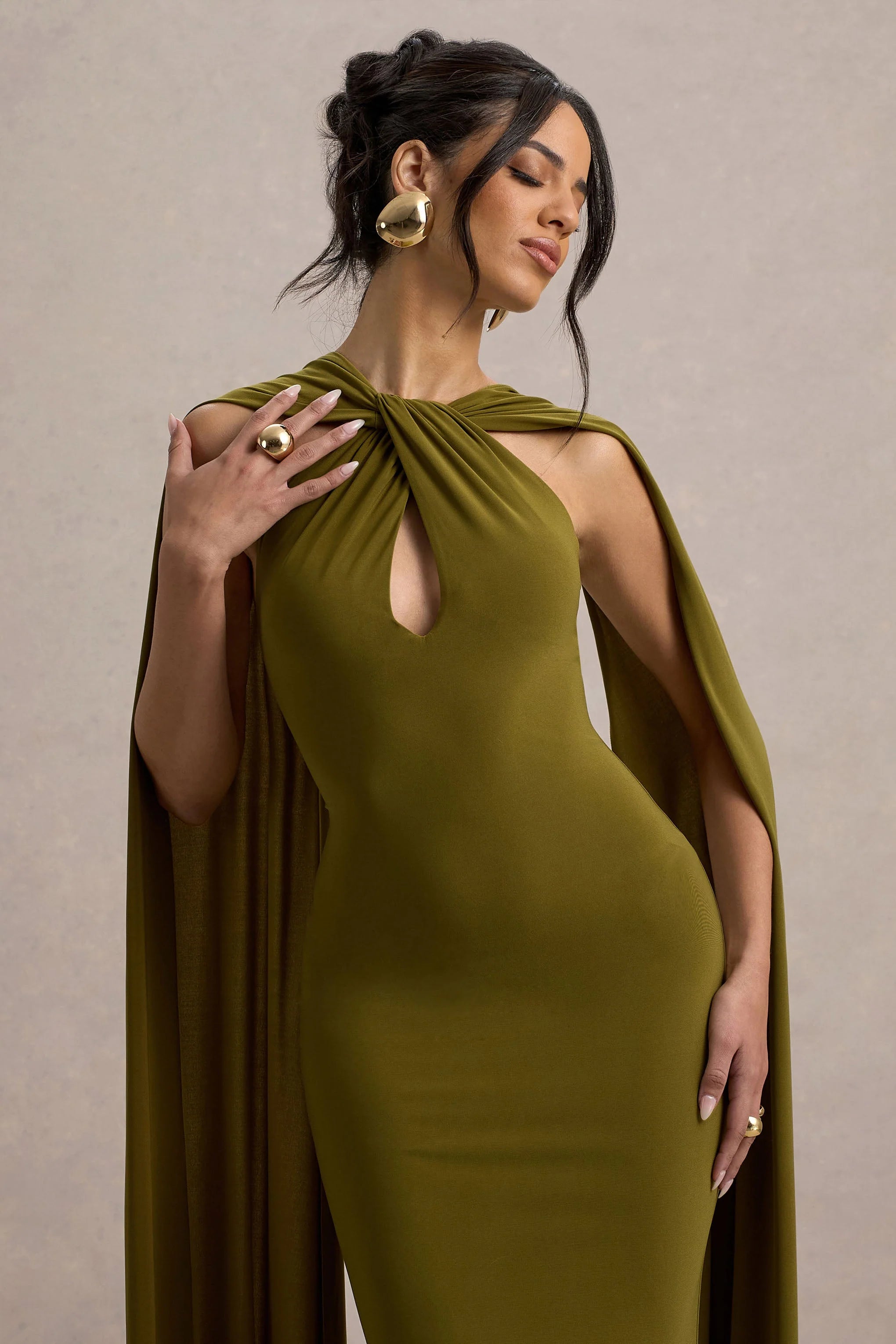 Rhoda Green Twist Halter Neck Cape Maxi Dress