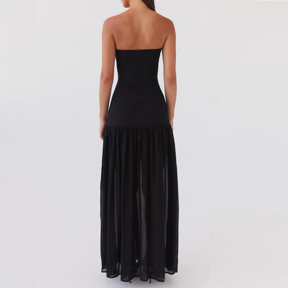 Women Tube Top Dress Tiger Stripe Mesh Patchwork Maxi Dress Strapless Sexy High Slit Long Dresses Beach Vacation