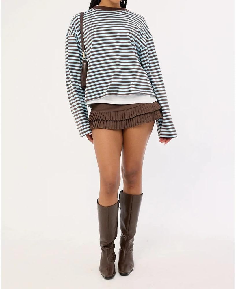 Women Striped Long Sleeve Shirt Crewneck Cropped Pullover Top Fall Winter Vintage Sweatshirt Streetwear