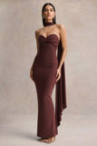 Sheila Dark Brown Bandeau Maxi Dress With Scarf Detail