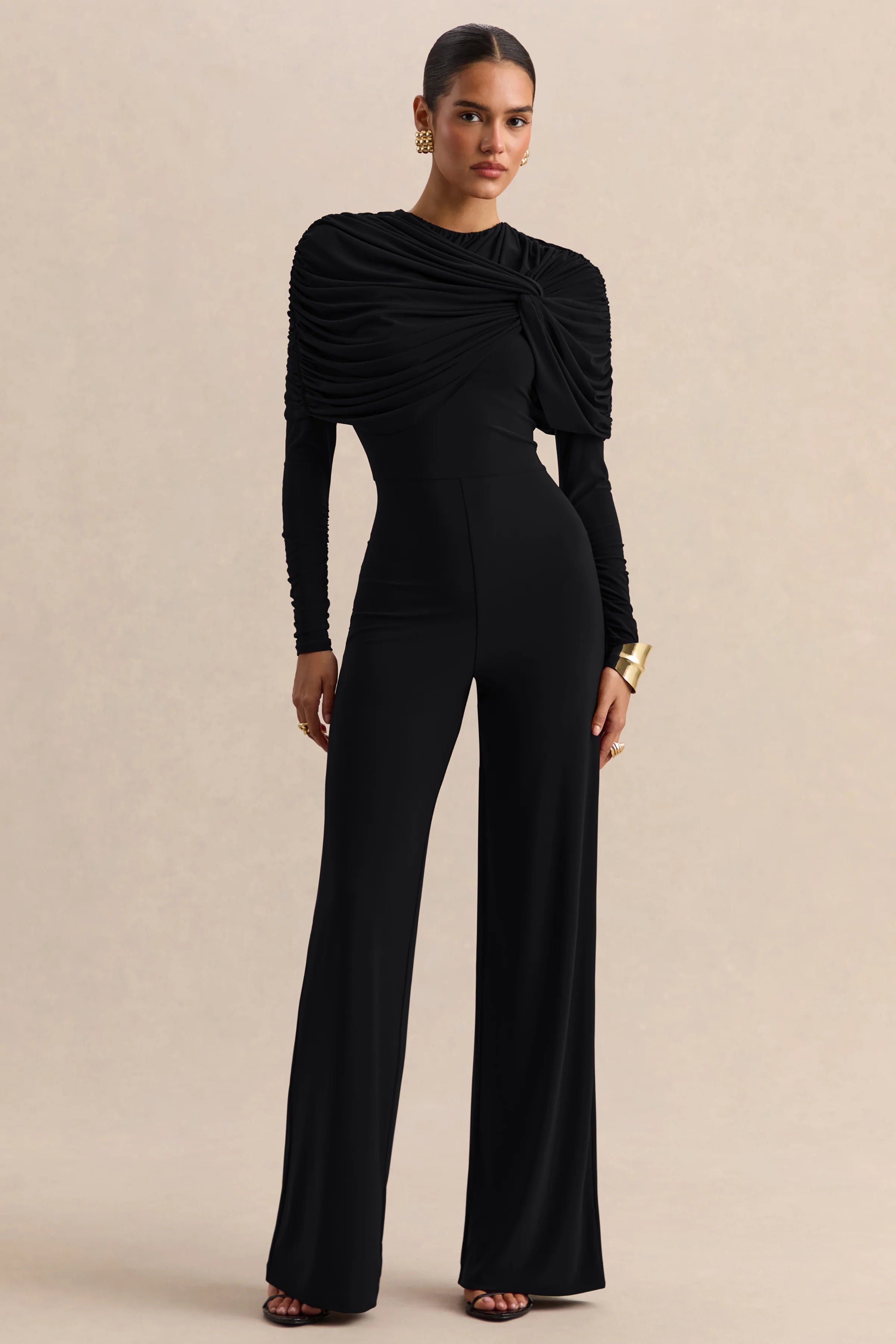 Eloura Black High Neck Jumpsuit With Twist Gathered Detail