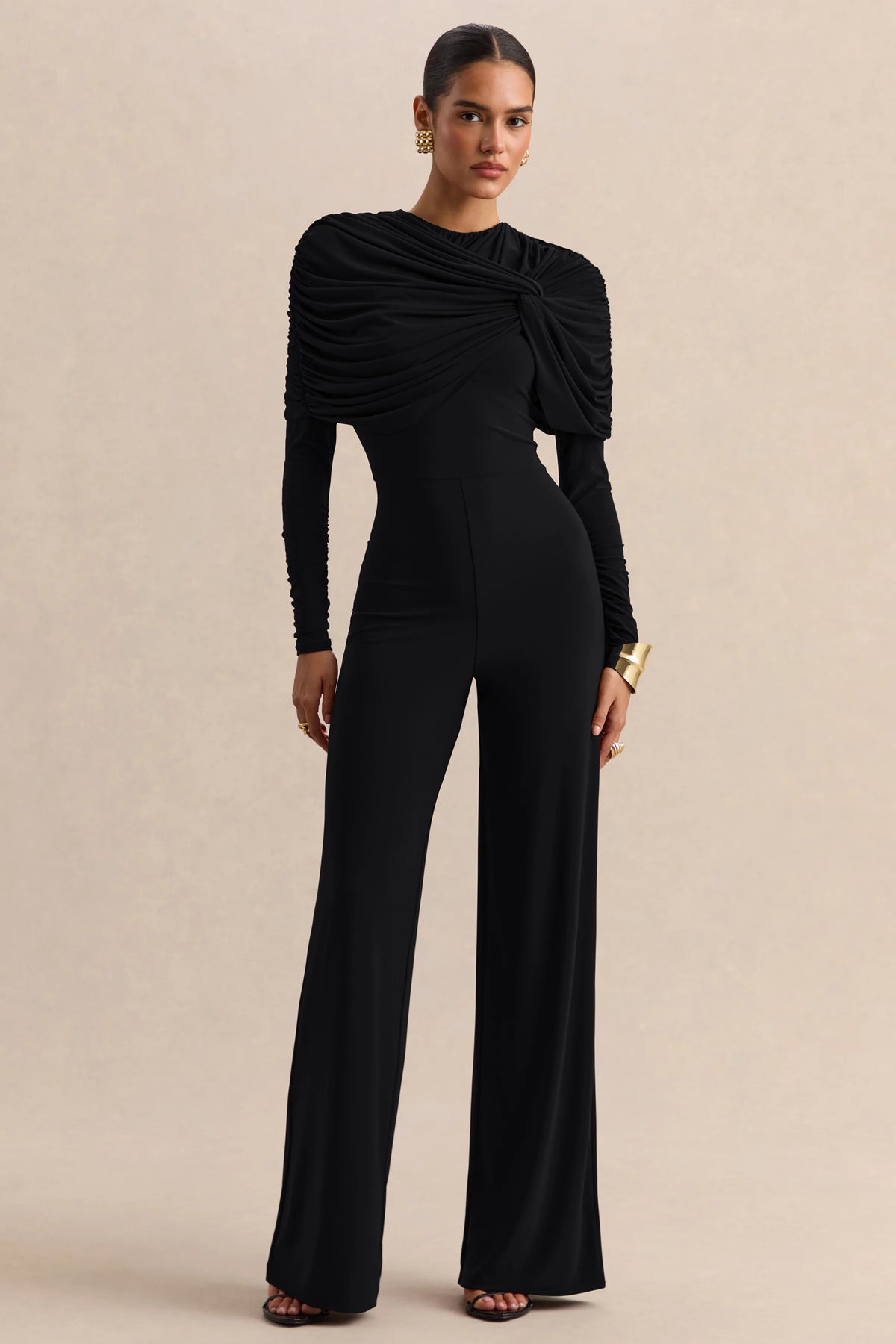 Eloura Black High Neck Jumpsuit With Twist Gathered Detail