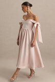 Agafay Rose Pink Satin Short Sleeve Bardot Wrap Midi Dress With Bow Detail
