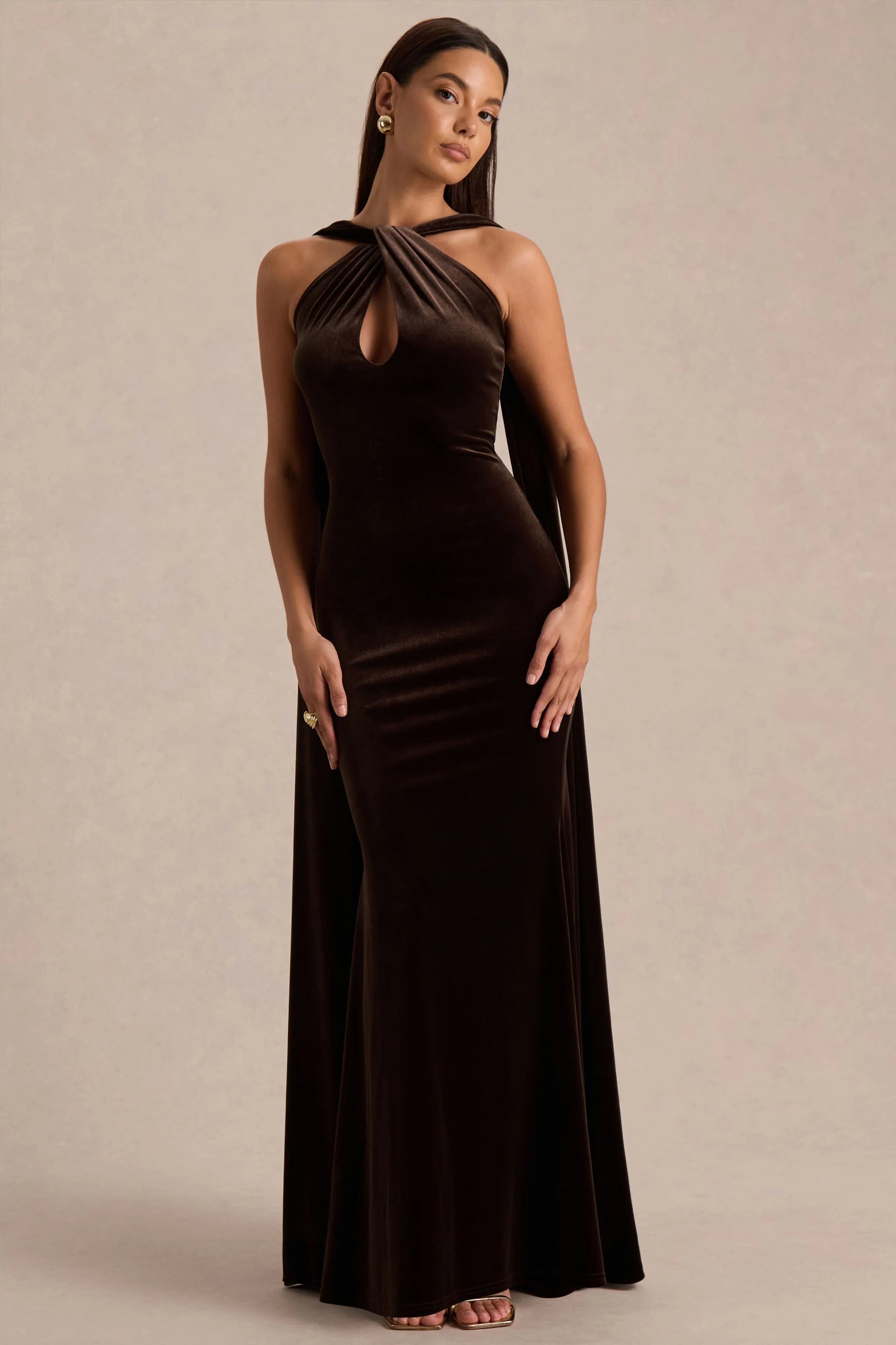 Layli Brown Velvet Halter Neck Maxi Dress With Cape