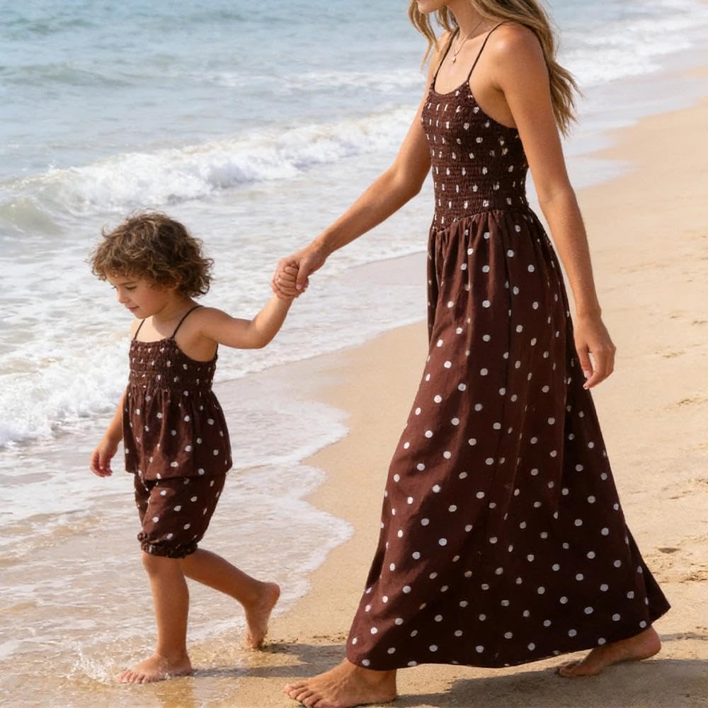 Women Polka Dot Maxi Dress Smocked Spaghetti Strap Flowy Sundress Summer Beach Vacation