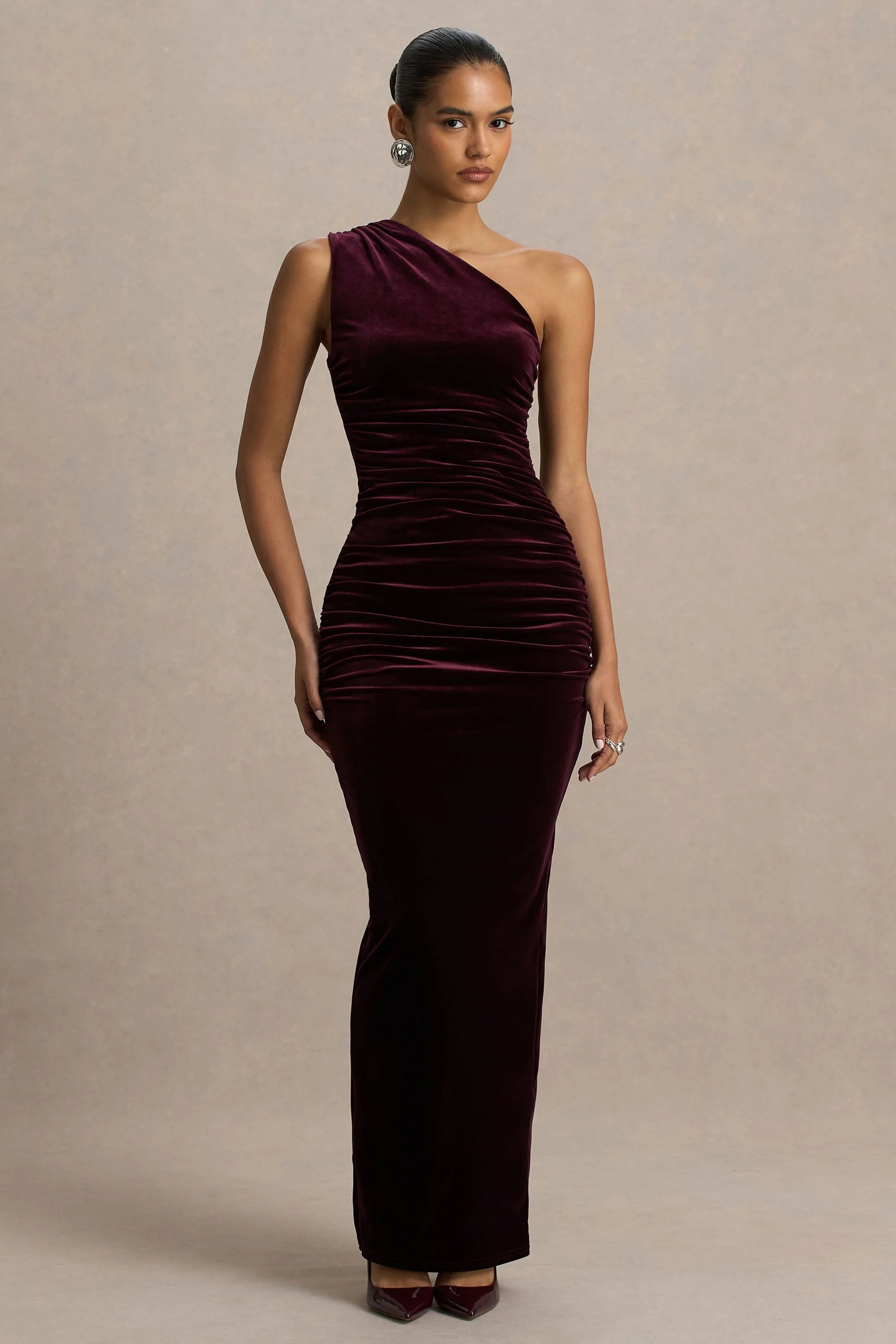 Treat Burgundy Velvet Asymmetric Neck Maxi Dress With Ruched Detailing