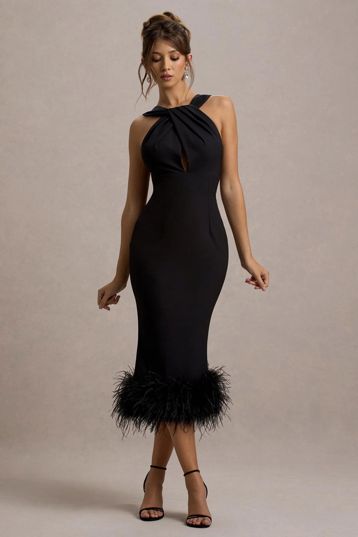 Titania Black Twist Neck Feather Hem Midi Dress