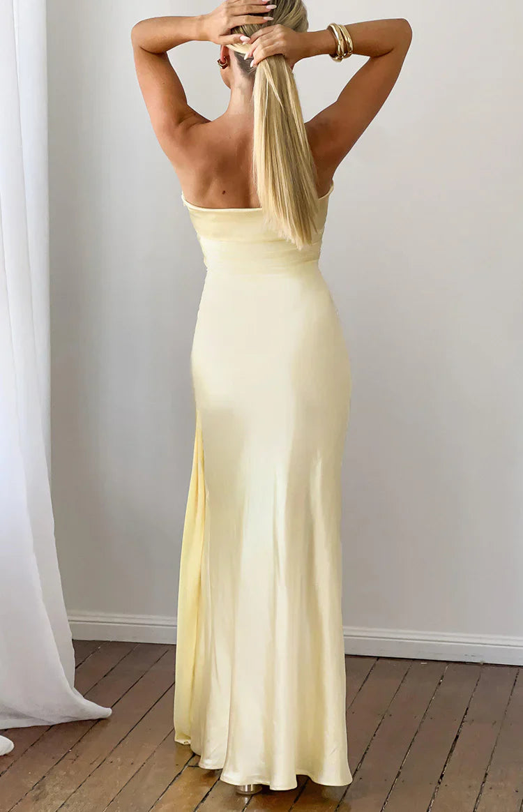 Novie Yellow Tie Detail Satin Strapless Maxi Dress - PRE ORDER