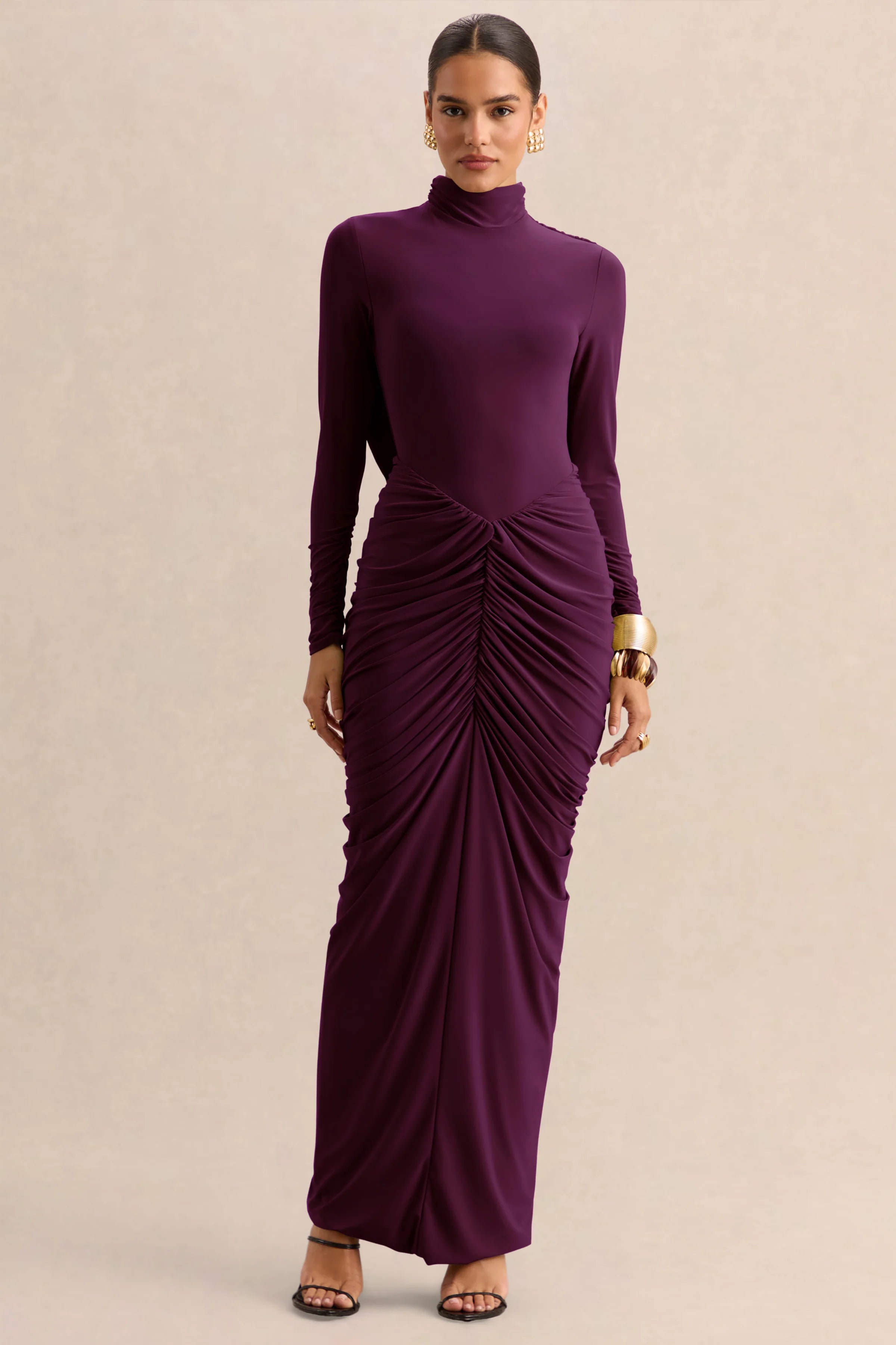 Harmona Dark Plum High Neck Maxi Dress With Gathered And Draped Detailing