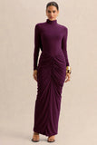 Harmona Dark Plum High Neck Maxi Dress With Gathered And Draped Detailing