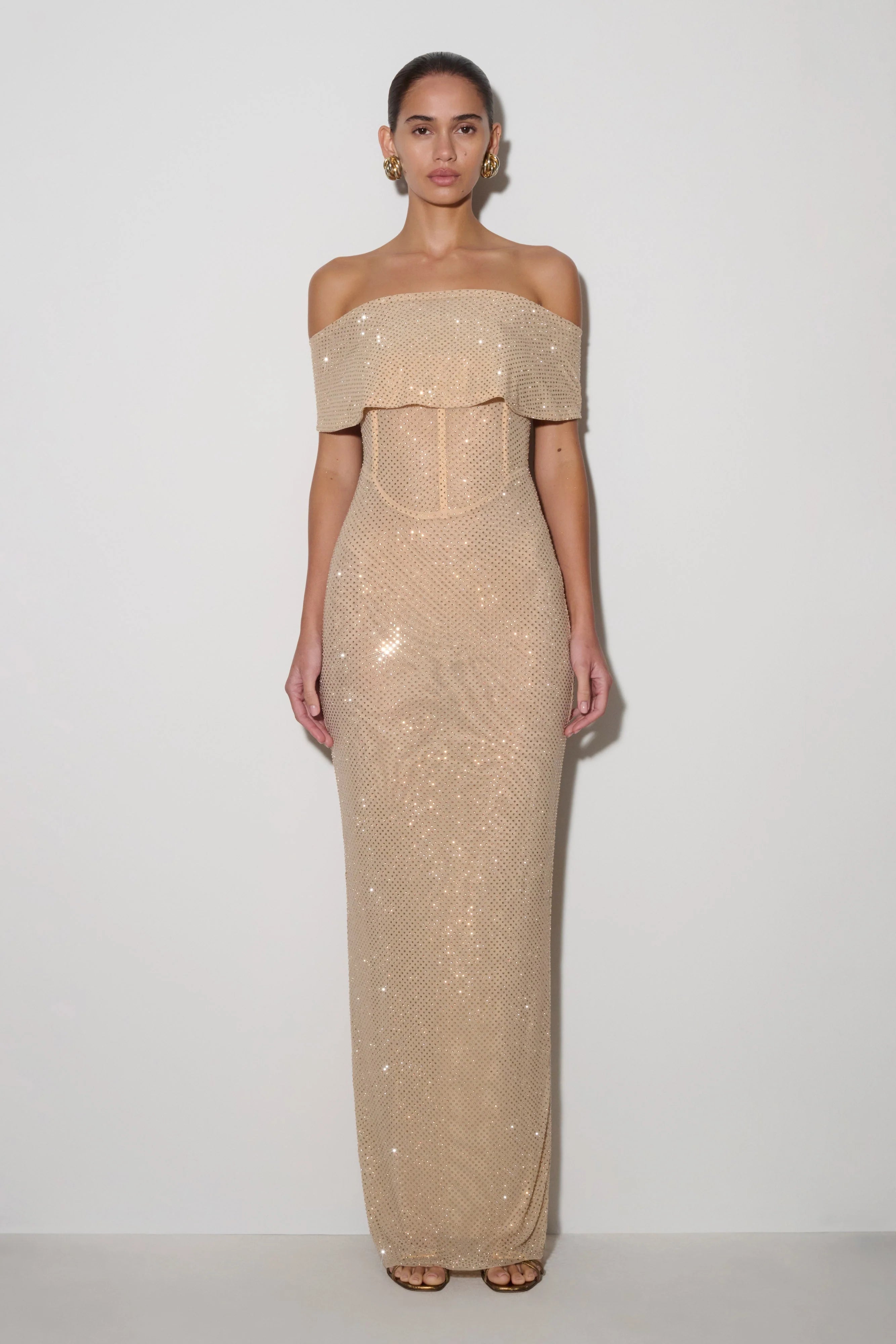 Phi Multi Wear Cowl Diamante Maxi Dress Gold