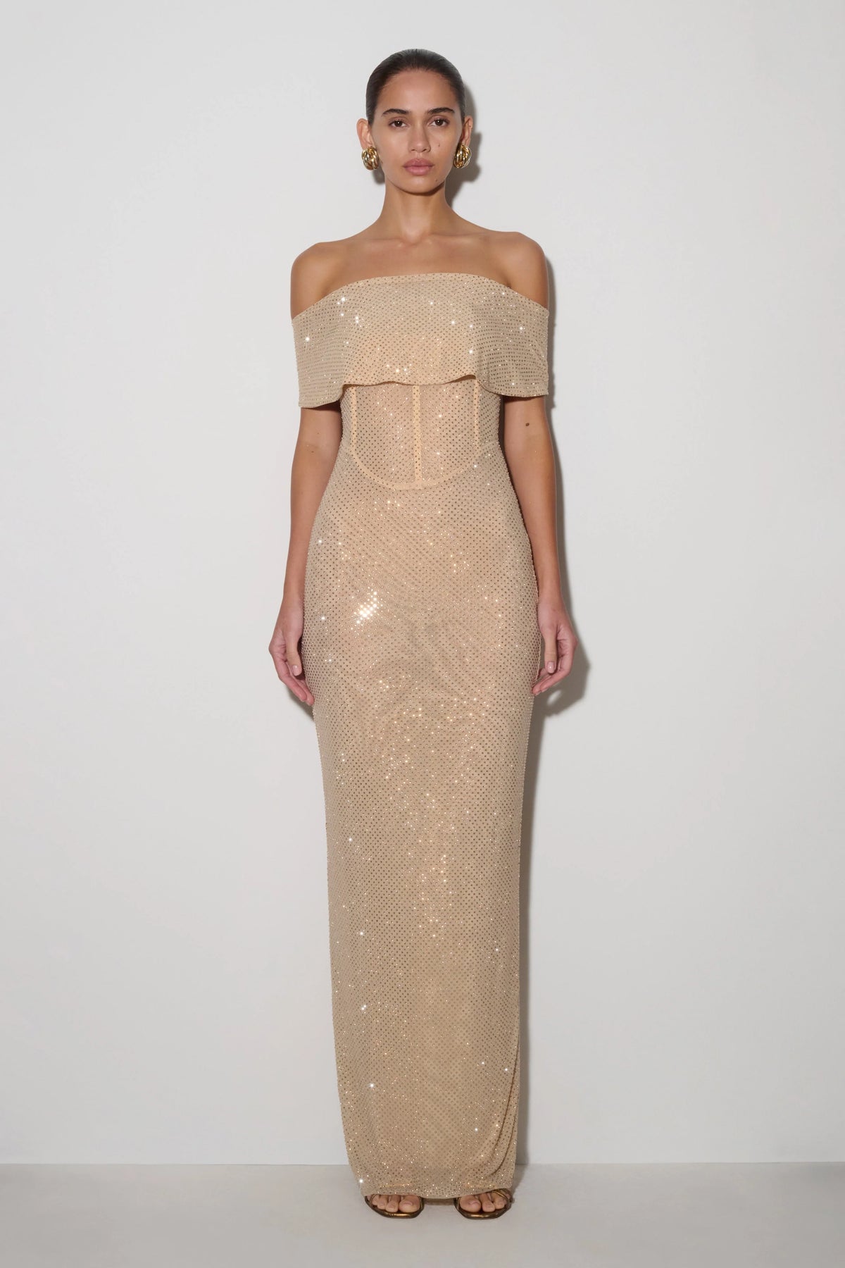 Phi Multi Wear Cowl Diamante Maxi Dress Gold