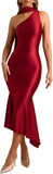 Women Formal Satin Dress One Shoulder Asymmetrical Scarf Mermaid Hem Midi Dress Cocktail Prom Gown