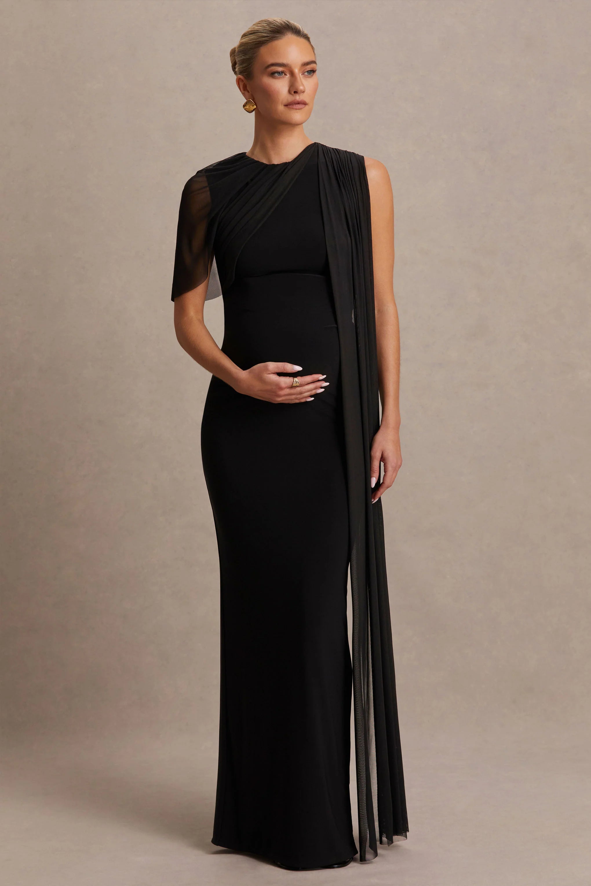 Amelise Black High Neck Maternity Maxi Dress With Mesh Cape Sleeve And Sash Detail
