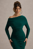 Sinclair Bottle Green Ruched One Shoulder Bodycon Midi Dress