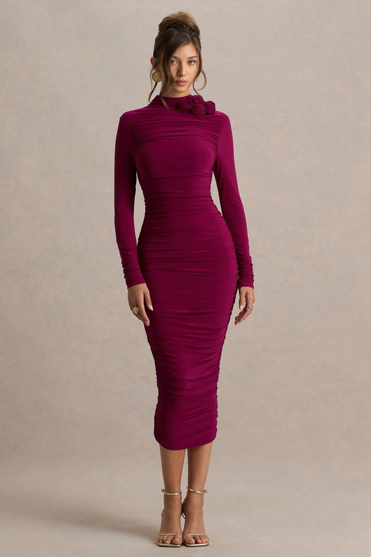Tamara Burgundy Long Sleeve Ruched Midi Dress