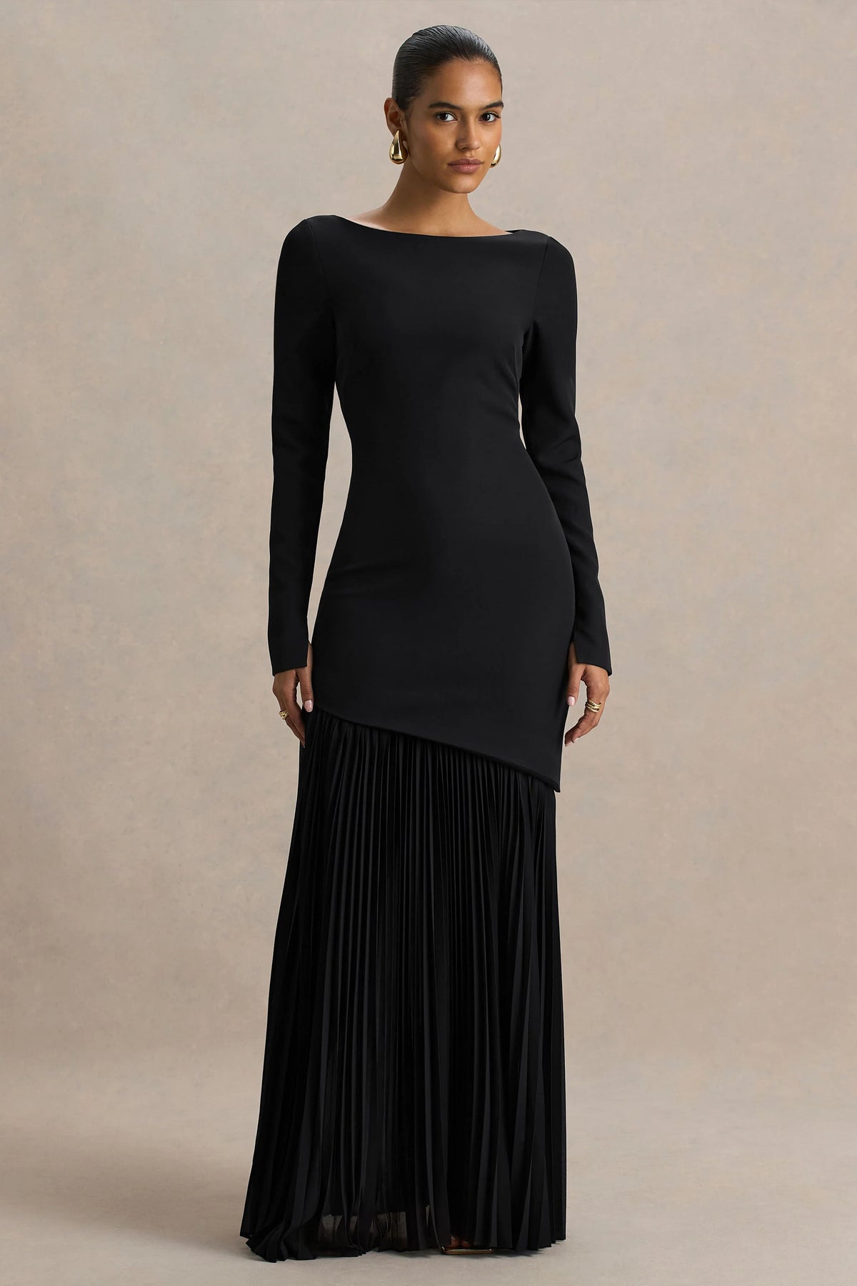 Yanira Black Crepe And Georgette Boat Neck Maxi Dress With Drop Waist